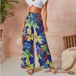SHEIN Blue Tropical Wide-Leg Pants